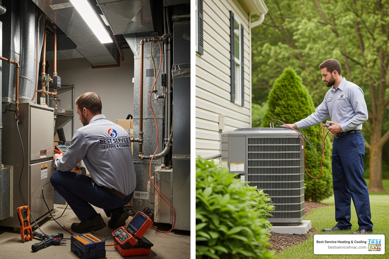 technician inspecting an older furnace and outdoor AC unit at a Columbus area home