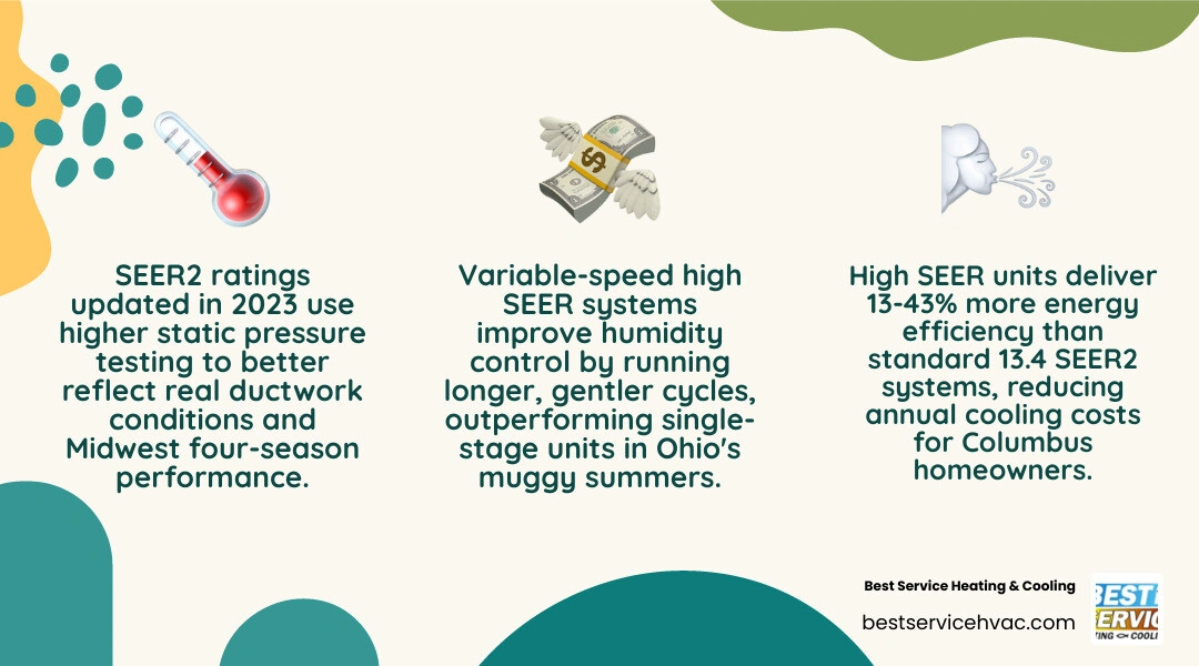Infographic comparing standard SEER vs high SEER AC ratings for Midwest four-season climates, showing efficiency, savings