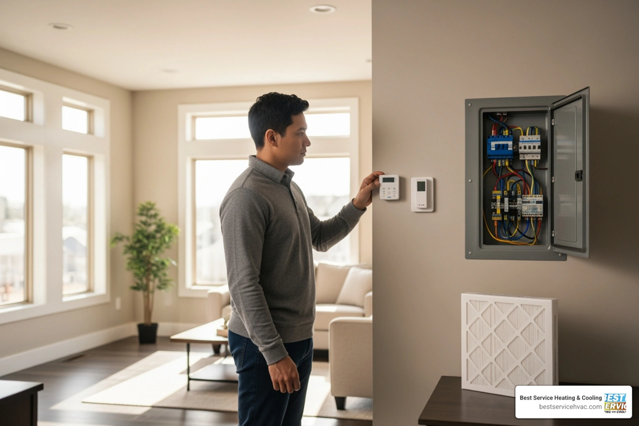 Infographic: First 10 minutes after HVAC breakdown — safety check, thermostat, breaker, filter, call a pro Infographic: First 10 minutes after HVAC breakdown — safety check, thermostat, breaker, filter, call a pro