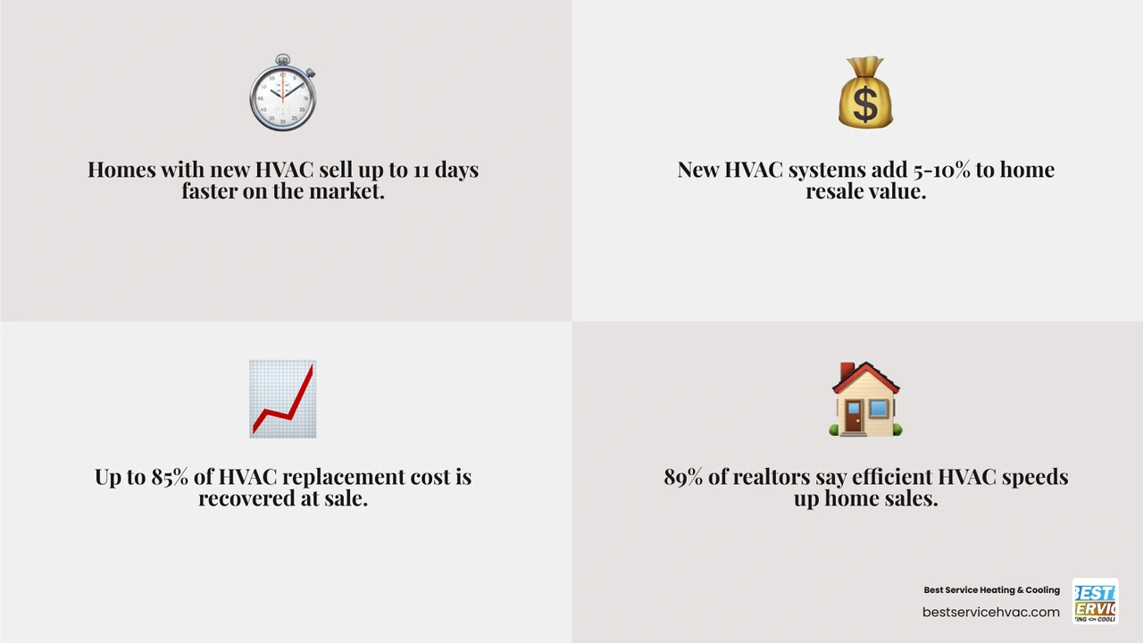 Infographic showing how a new HVAC system speeds up home sales with key stats on resale value, days on market, buyer appeal