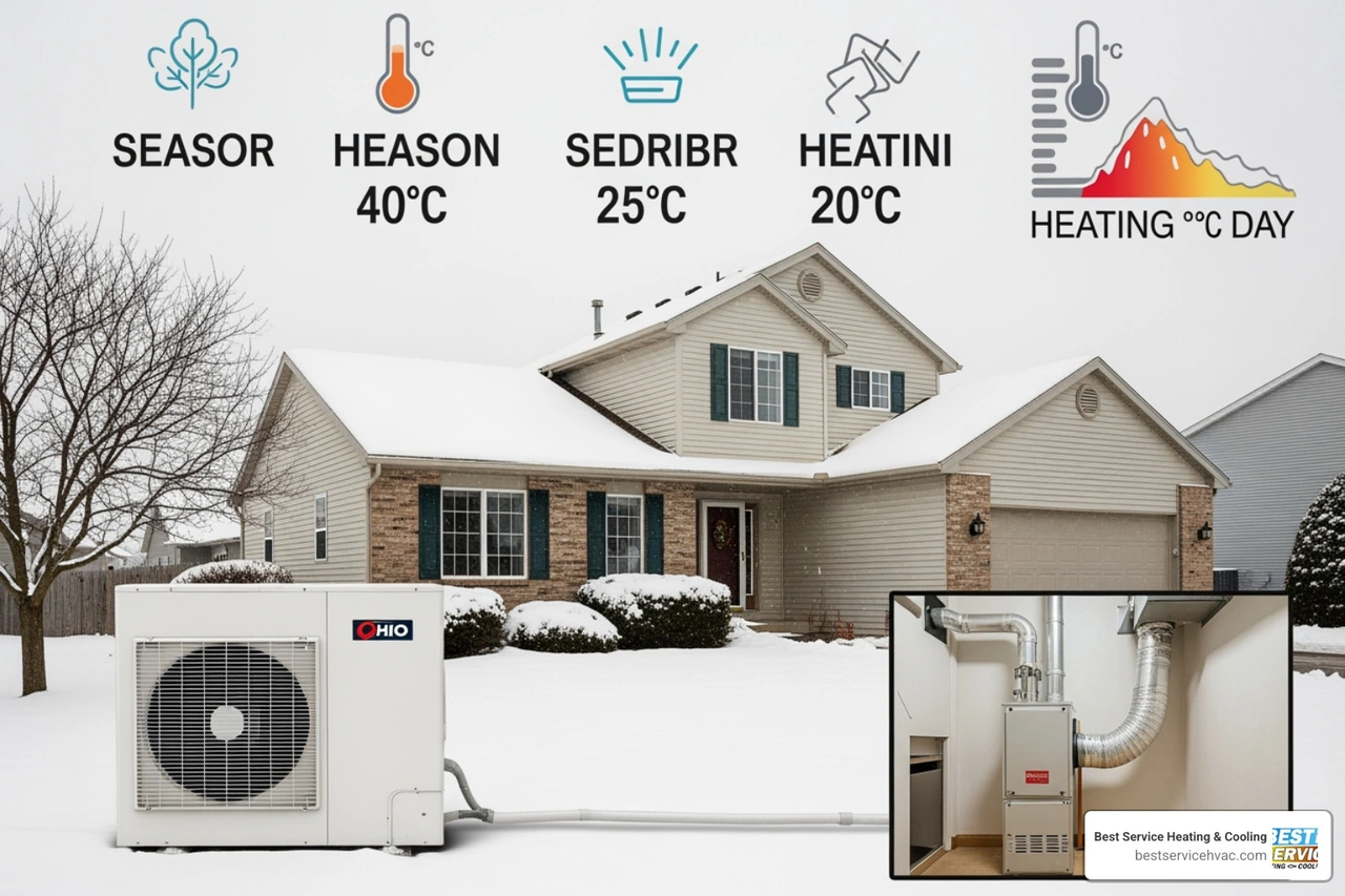 Infographic showing Central Ohio seasonal temperature swings, heating degree days, and recommended HVAC system types by fuel