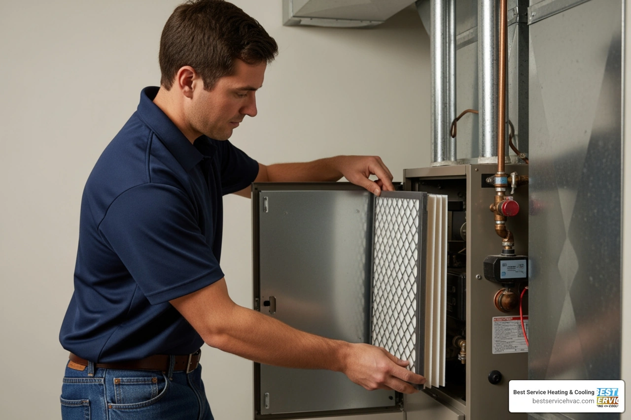 HVAC technician installing a standard pleated air filter in a Columbus home furnace