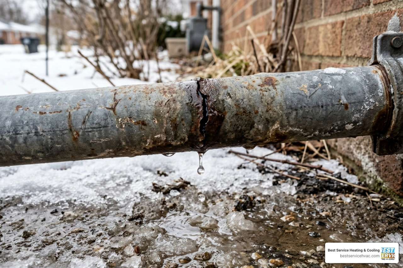 A cracked outdoor pipe slowly dripping water onto frozen ground during an Ohio winter thaw