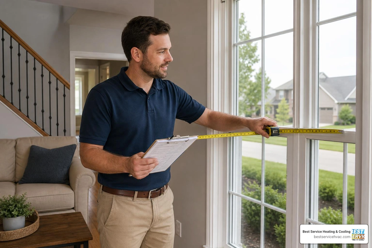 Technician measuring windows and rooms for HVAC sizing calculation in a Central Ohio home
