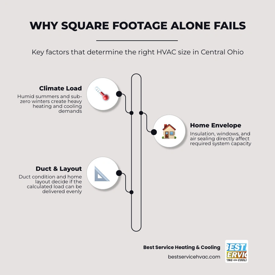 Infographic showing why square footage alone is not enough for HVAC sizing in Central Ohio, including climate, insulation