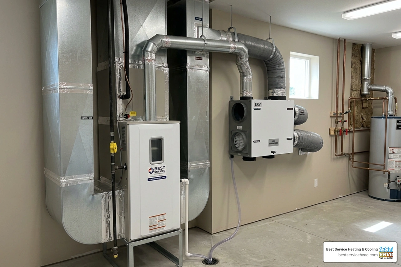 An energy recovery ventilator system installed alongside a residential furnace in a clean utility room An energy recovery ventilator system installed alongside a residential furnace in a clean utility room