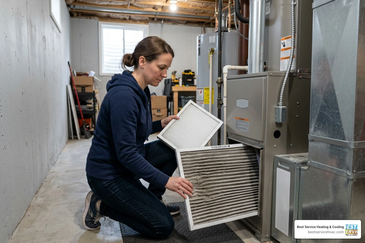A homeowner in Columbus replacing a dirty 1-inch pleated air filter in their basement furnace return slot