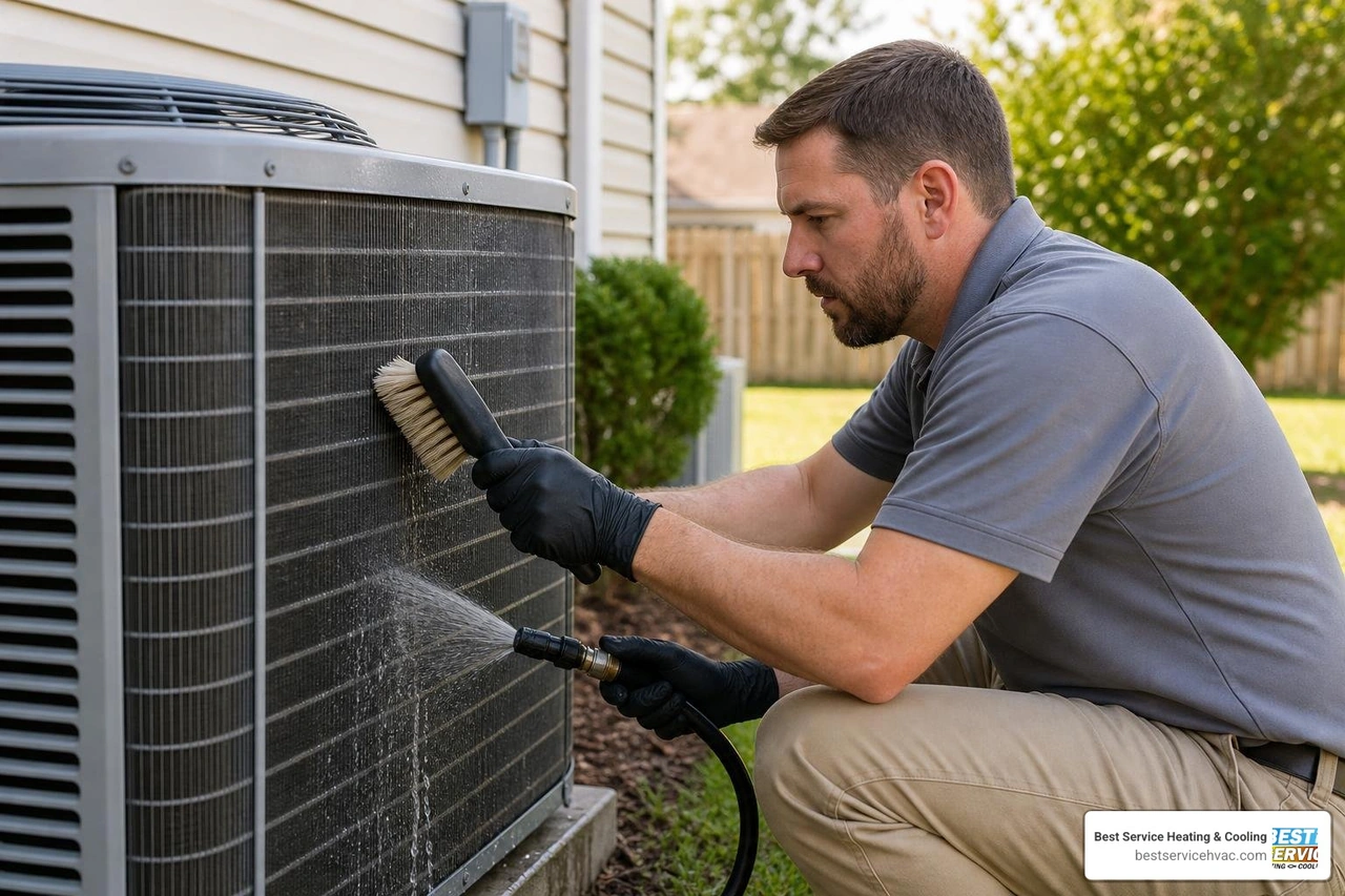 Professional technician carefully cleaning outdoor condenser coils to remove dirt and debris