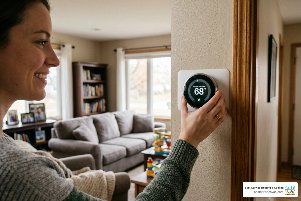 Smart thermostat installed on a modern living room wall displaying energy efficiency settings
