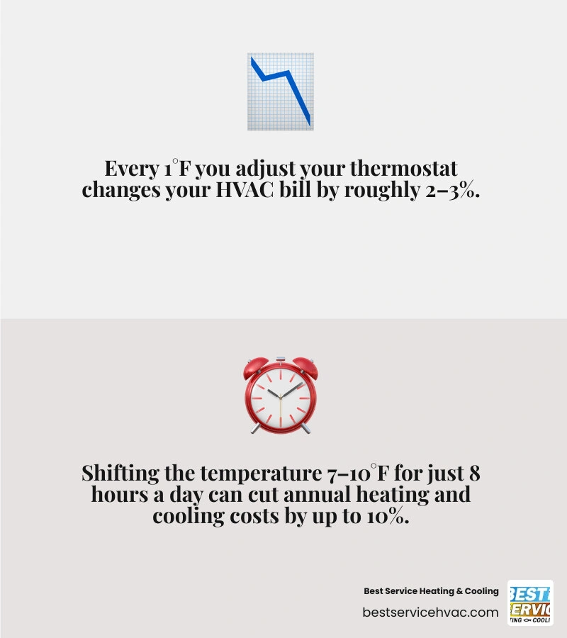 Infographic showing best thermostat settings by season with 3% per degree rule and setback savings chart infographic