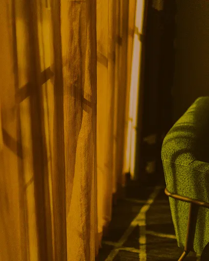 Sunlit sheer curtains casting shadows near a green upholstered chair by a window.