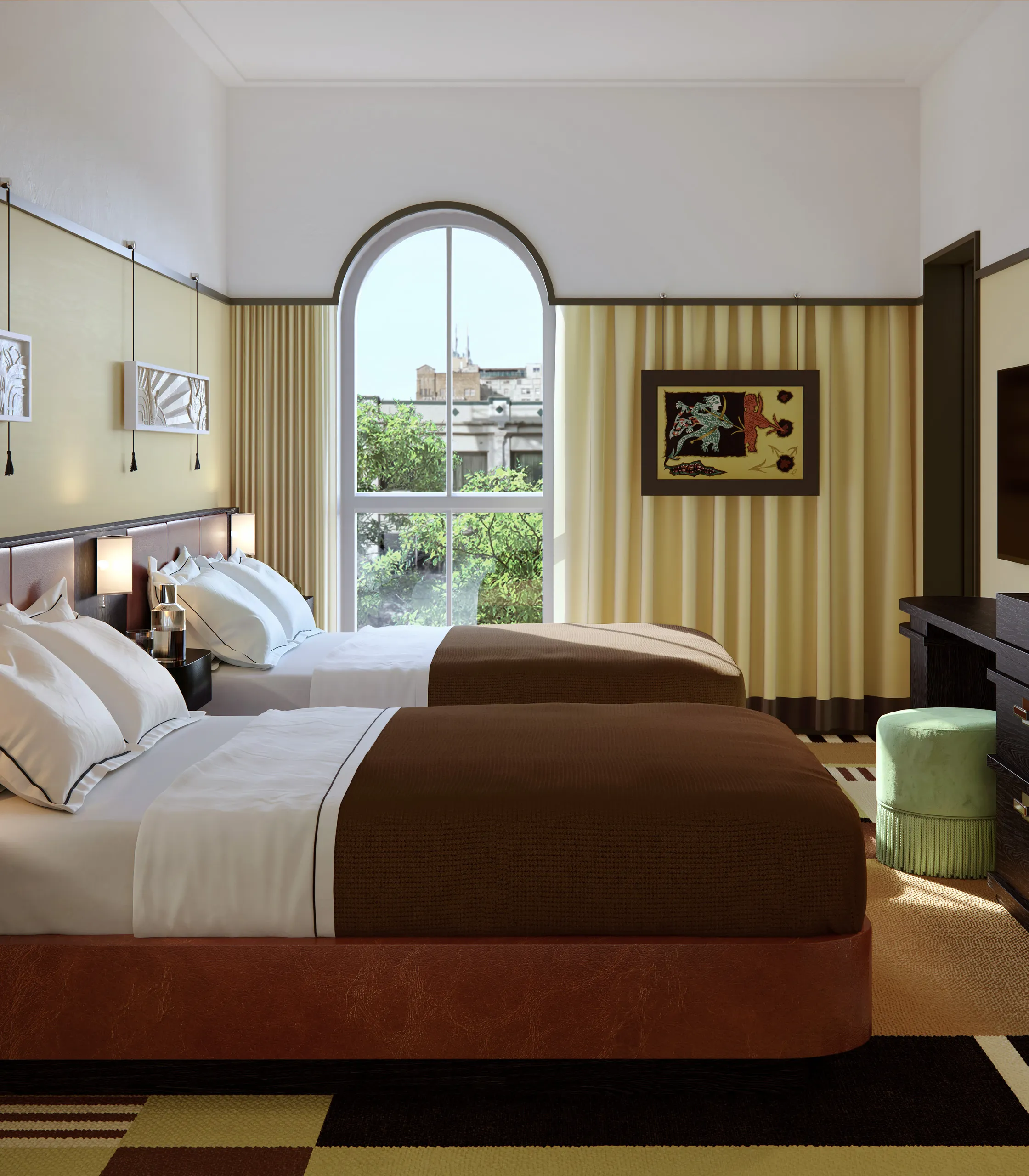 Hotel room with two queen beds, brown bedspreads, an arched window, and patterned carpet.