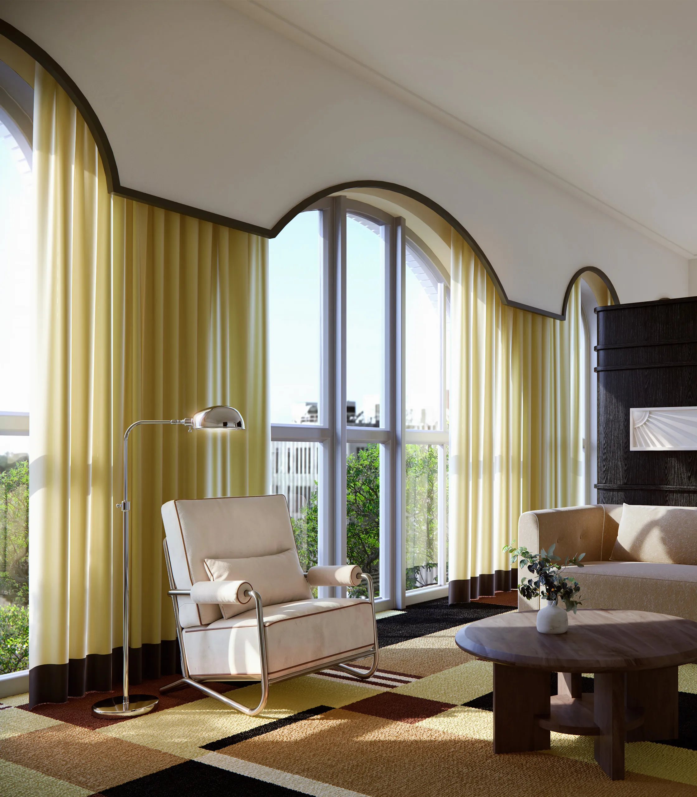 Sunlit living room with beige armchair, curved floor lamp, round wooden table, and sofa near arched windows.