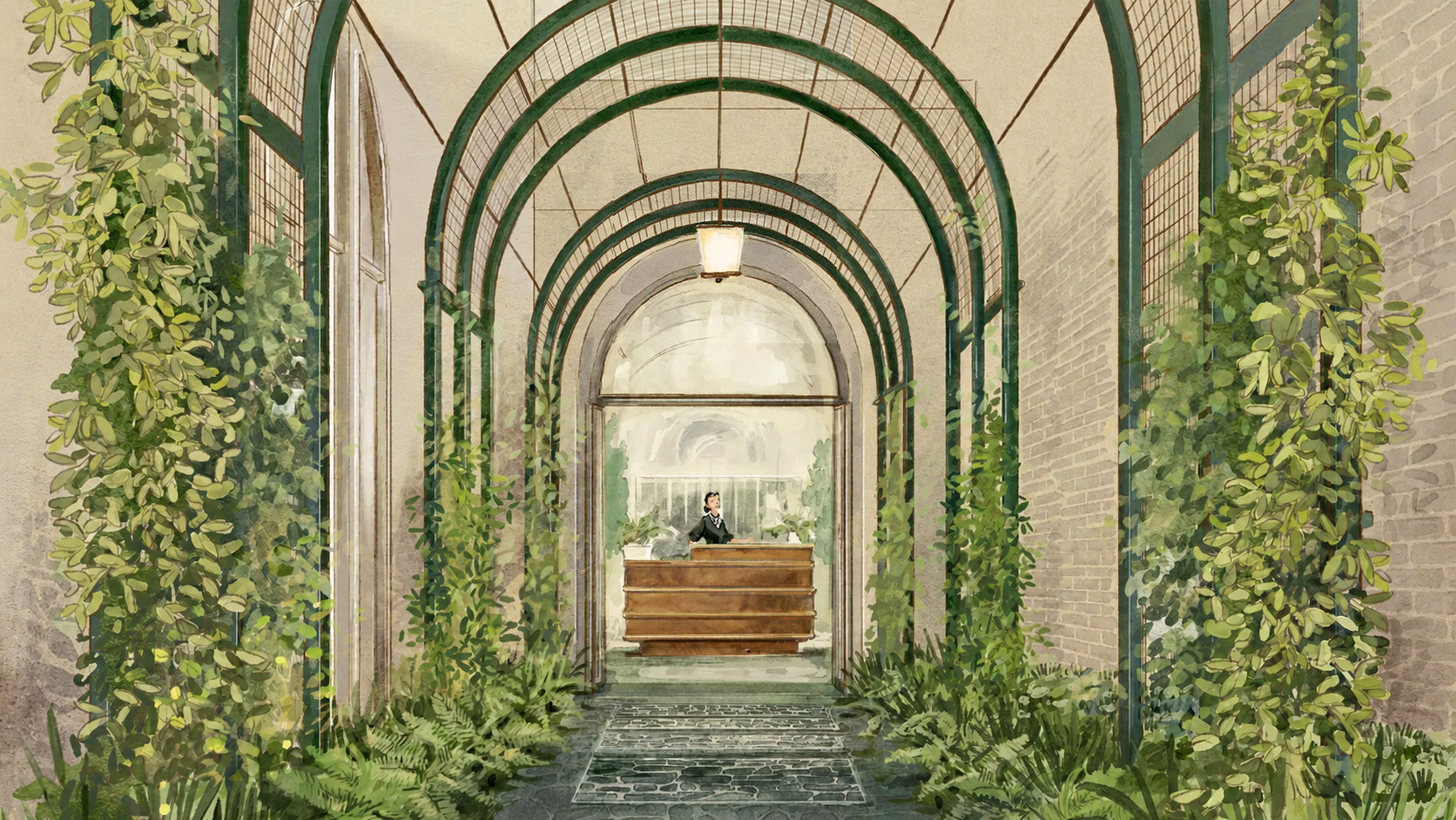 Arched green trellis corridor with hanging plants and lanterns leading to a reception desk with a person.