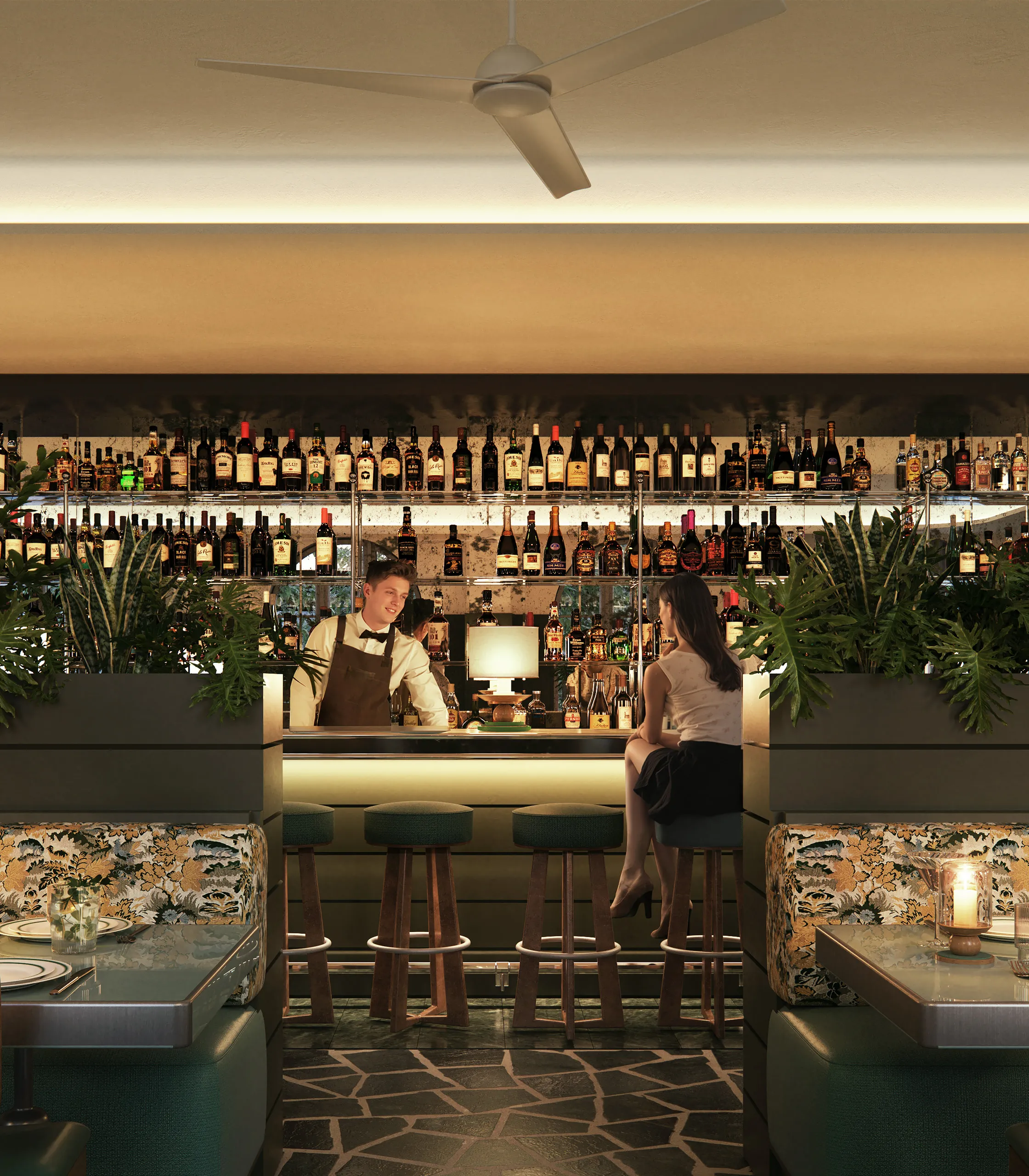 Bartender serving a woman seated on a stool at a well-stocked bar with decorative plants and cozy booths.