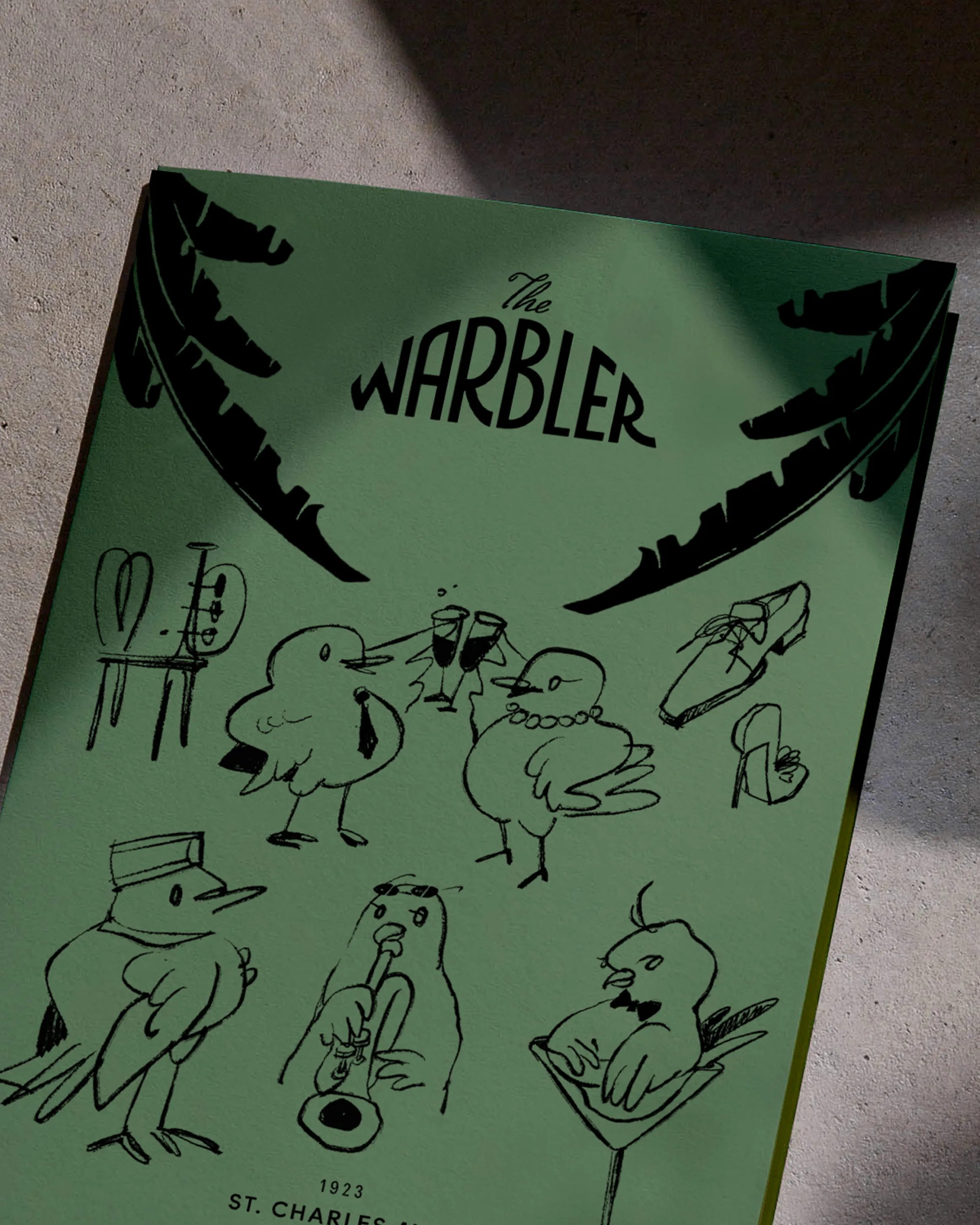 Green poster titled 'The Warbler' with black sketches of birds, chairs, shoes, and a trumpet.