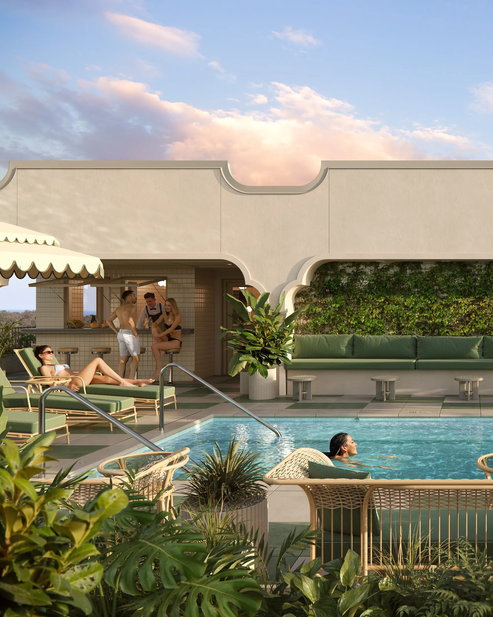 People relaxing at a hotel pool with lounge chairs, plants, and a bar under a blue sky.