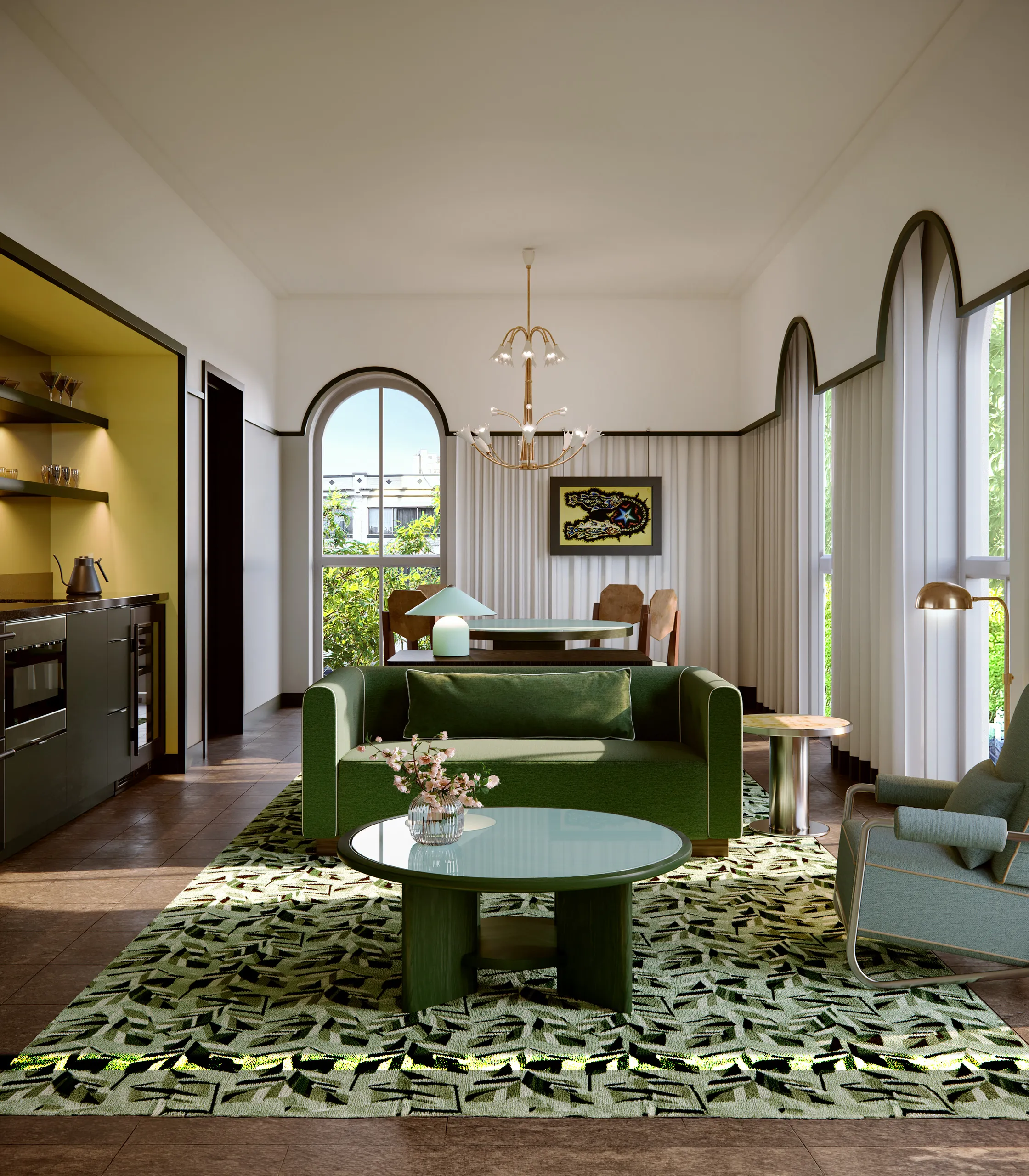 Living room with green sofa, patterned rug, round coffee table, armchair, and dining area with arched windows.