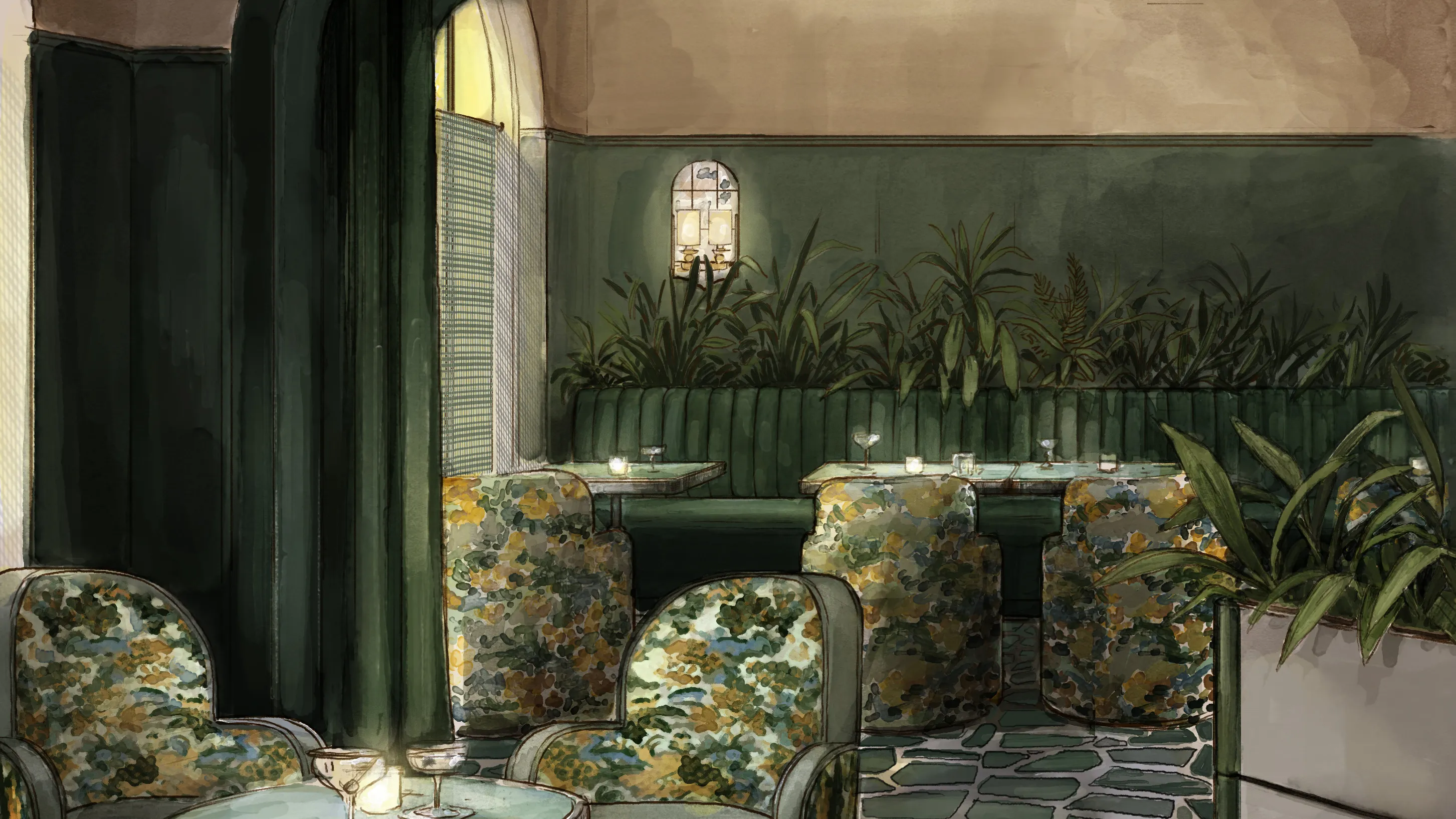 Cozy restaurant interior with green booth seating, floral armchairs, tables, and plants under soft lighting.