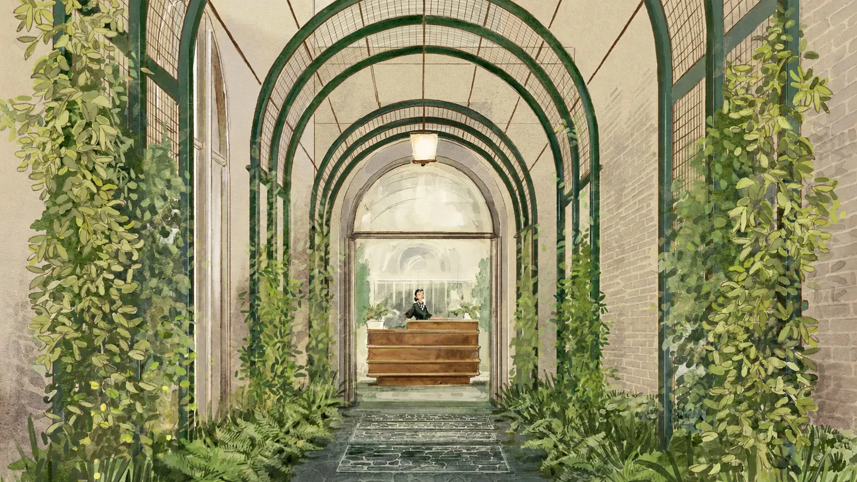 Indoor corridor with green plants climbing metal arches and a person at a wooden reception desk.