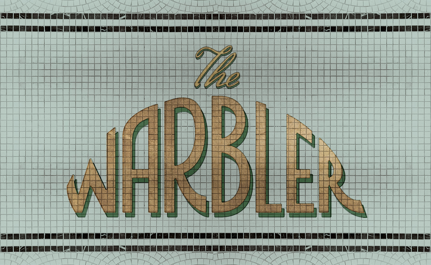 Tile mosaic with the words The Warbler in large brown and green letters on a light blue background.