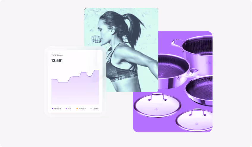 Composite image showing a total sales graph, a woman exercising, and a set of stainless steel pots and lids.