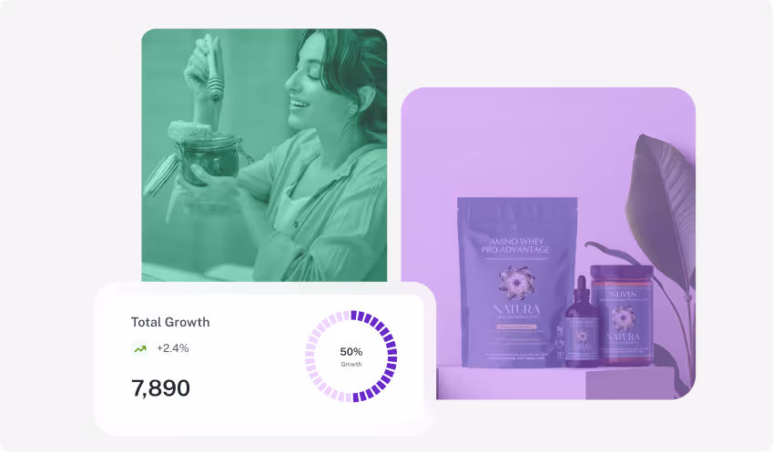 Woman holding honey dipper over jar of honey, next to Natura supplement products and a total growth statistic showing 50% growth and 7,890 units.