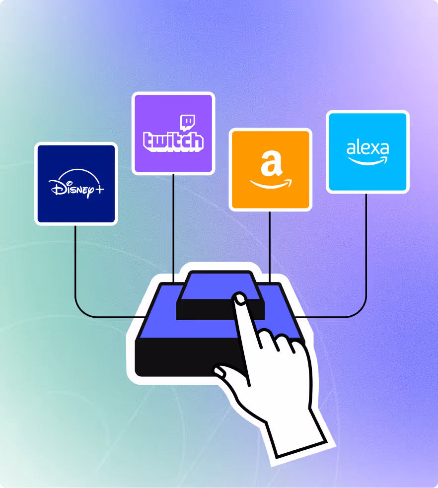 Illustration of a hand pressing a button connected to icons for Disney+, Twitch, Amazon, and Alexa on a gradient background.