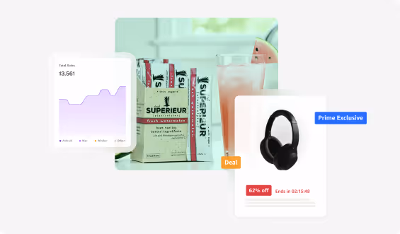 Graph showing total sales of 13,561, package of Superieur fresh watermelon juice with a glass of juice and watermelon slices, and black headphones labeled Prime Exclusive with 62% off deal ending in 2 hours 15 minutes.