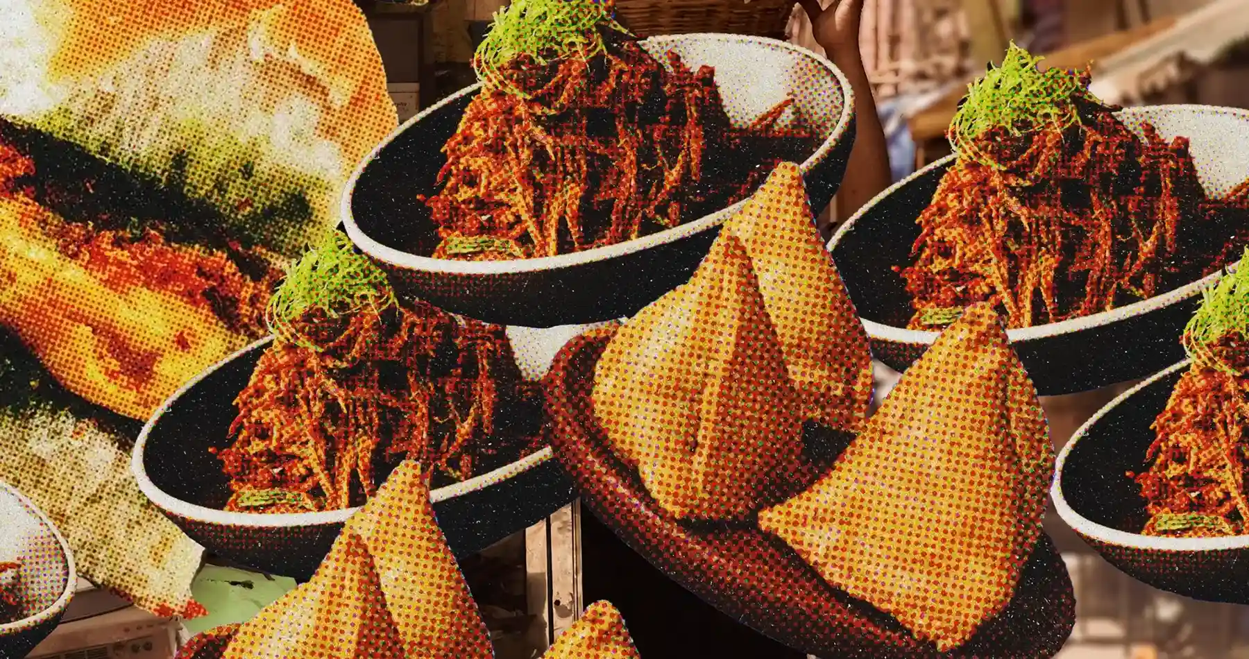 Photo décorative d'éléments graphiques détourés en patchwork issus de la cuisine indienne de chez Gourou