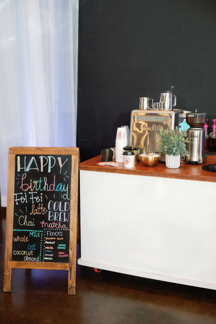 Mobile coffee cart setup with birthday chalkboard menu by Sunkissed Brew for event catering in Tampa Bay