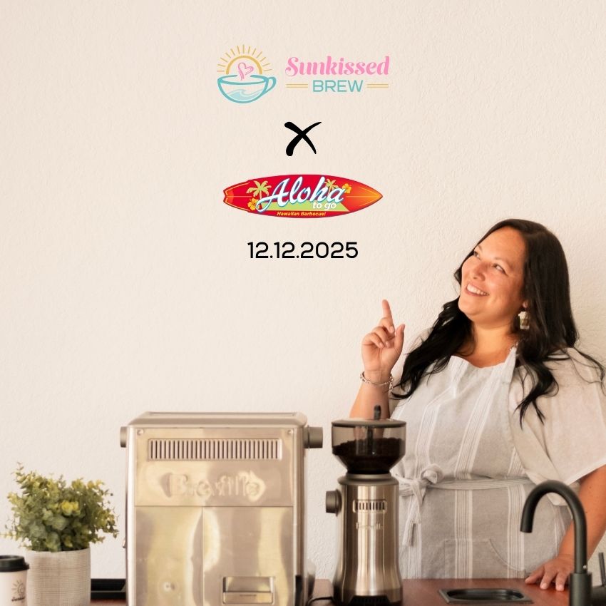 Sunkissed Brew announcing its new Seminole FL coffee location at Aloha To Go with barista pointing to launch date