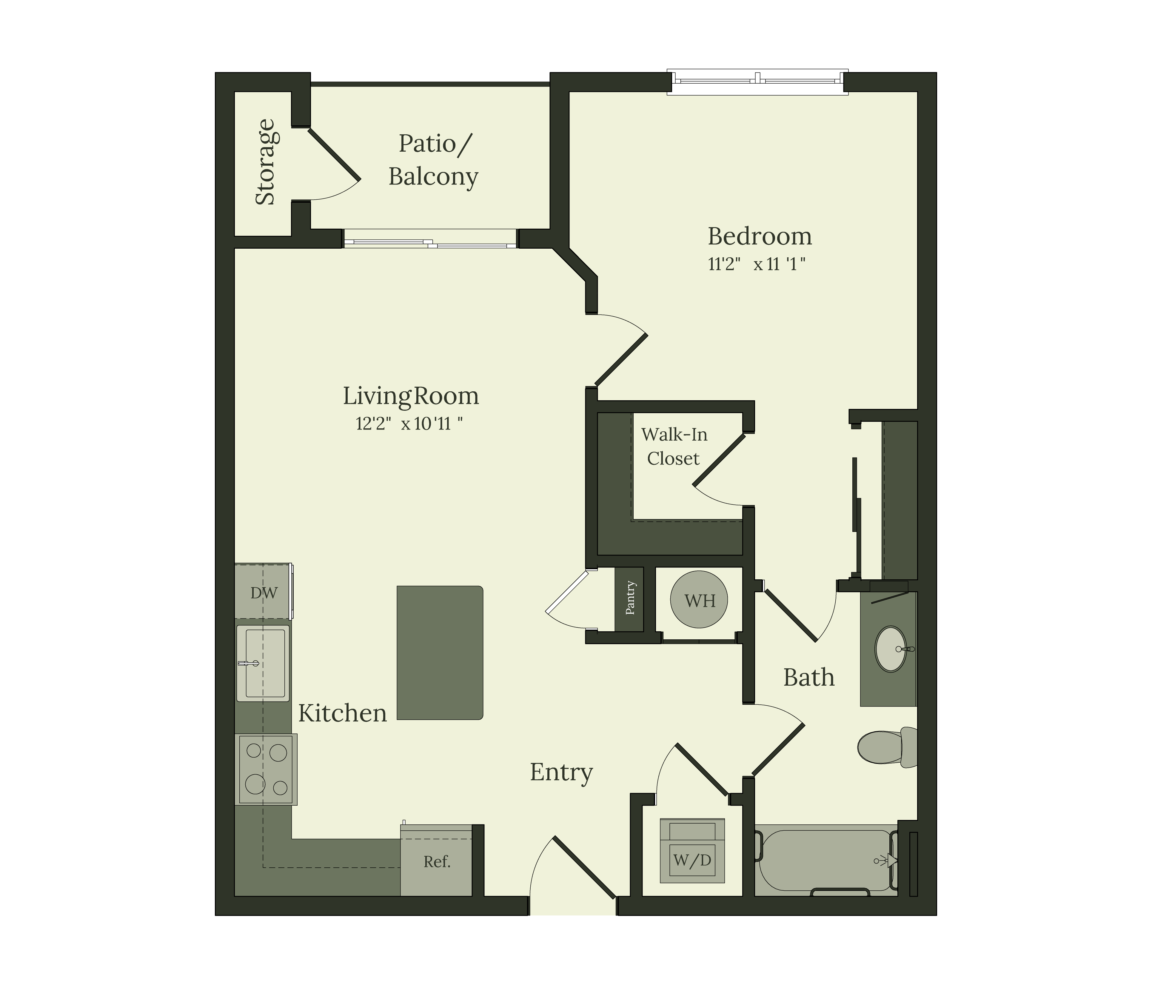 Black and white floor plan graphic of a 1-bedroom, 1-bathroom unit, including a kitchen, living room, patio/balcony, walk-in closet, and a washer/dryer closet.
