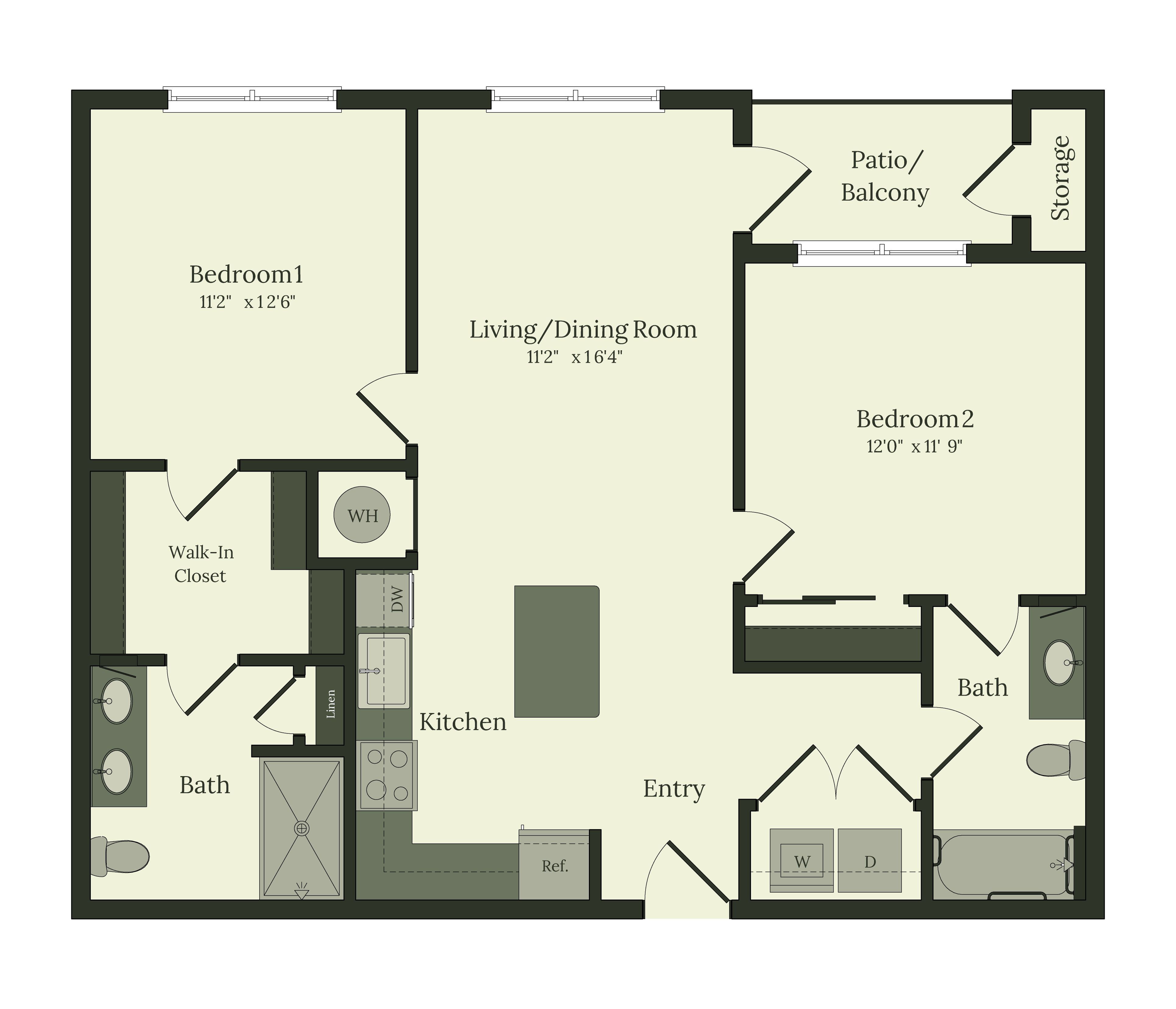 Black and white floor plan graphic of a 2-bedroom, 2-bathroom unit. The layout includes two bedrooms, a central living/dining room, kitchen, a patio/balcony, and a washer/dryer unit.