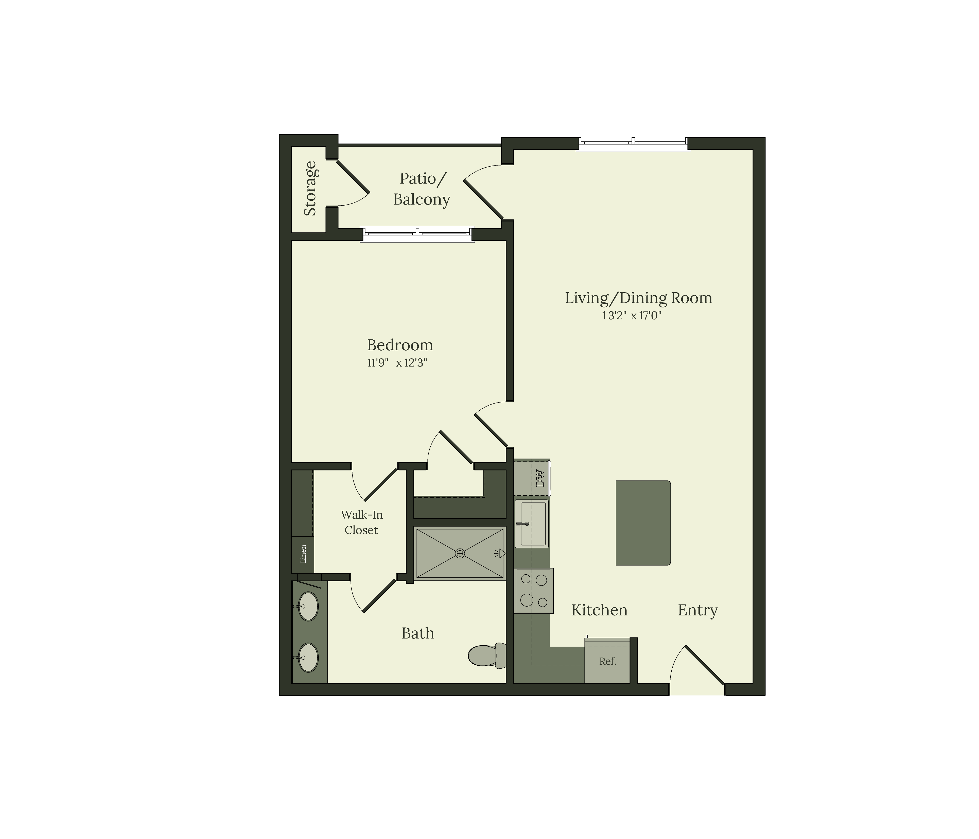 Black and white floor plan graphic of a 1-bedroom, 1-bathroom unit. The layout features a large bedroom, a walk-in closet, a bathroom, an open-concept living/dining room, a kitchen with an island, and a patio/balcony.