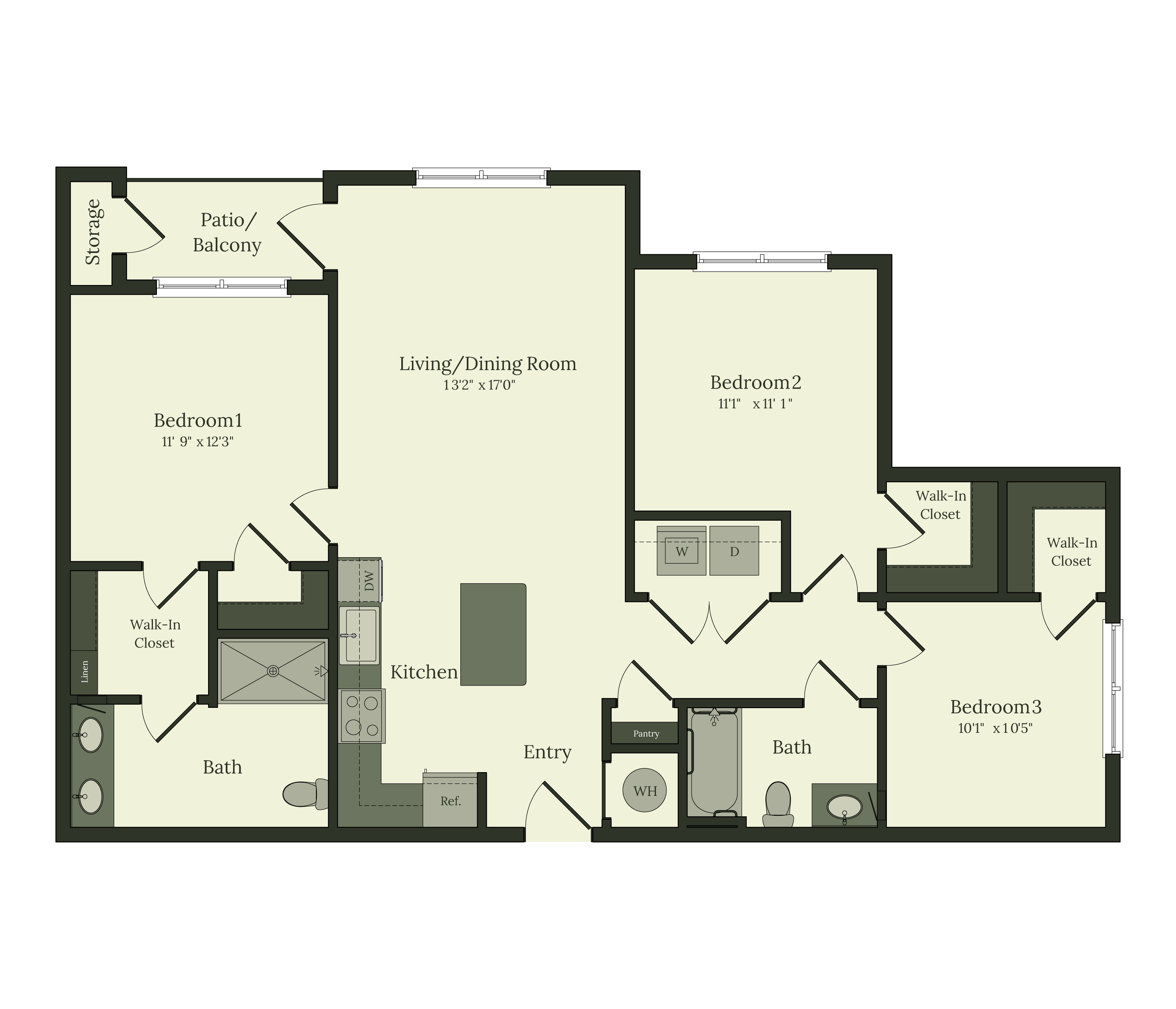 Black and white floor plan graphic of a 3-bedroom, 2-bathroom unit. The layout features three bedrooms with walk-in closets, a central kitchen, and a spacious living/dining room with a patio/balcony.