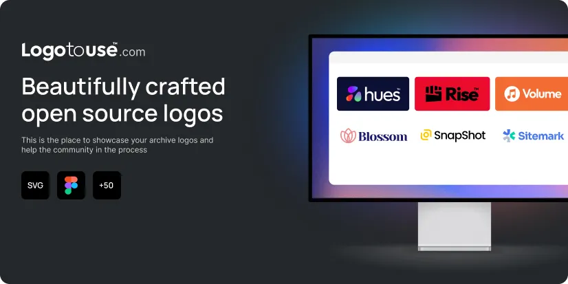 Website banner showing 'Logo to use' with the tagline 'Beautifully crafted open source logos' and a computer screen displaying various colorful logo examples.