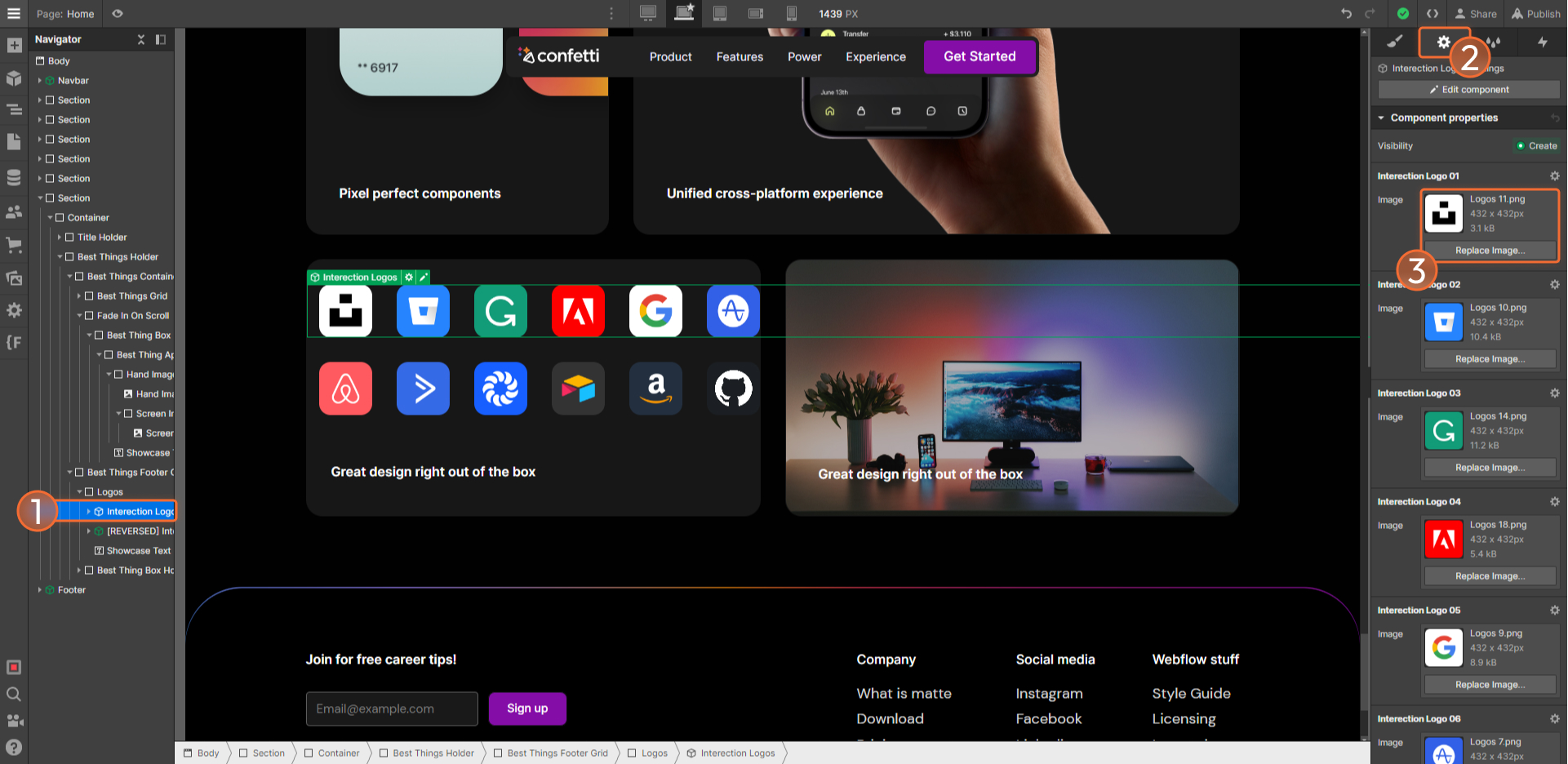 Web design interface showing a dark-themed project with logos grid, a photo of a desk setup with monitor and plant, and design tool controls.