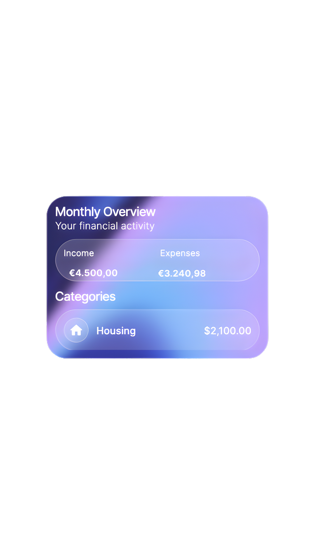 a monthly overview including income, expenses and a housing category