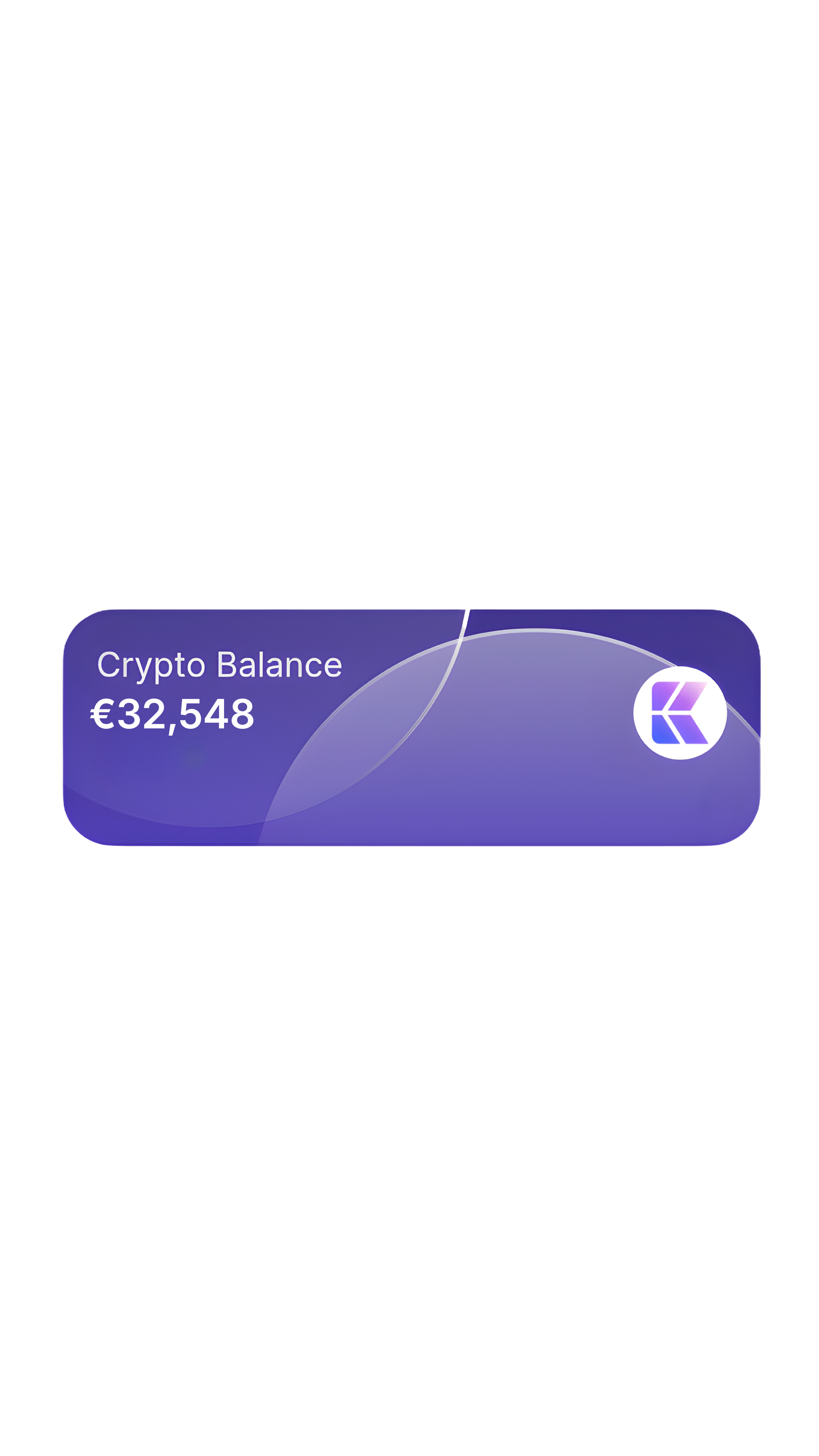 Purple rectangular card showing a crypto balance of €32,548 with a white logo on the right.