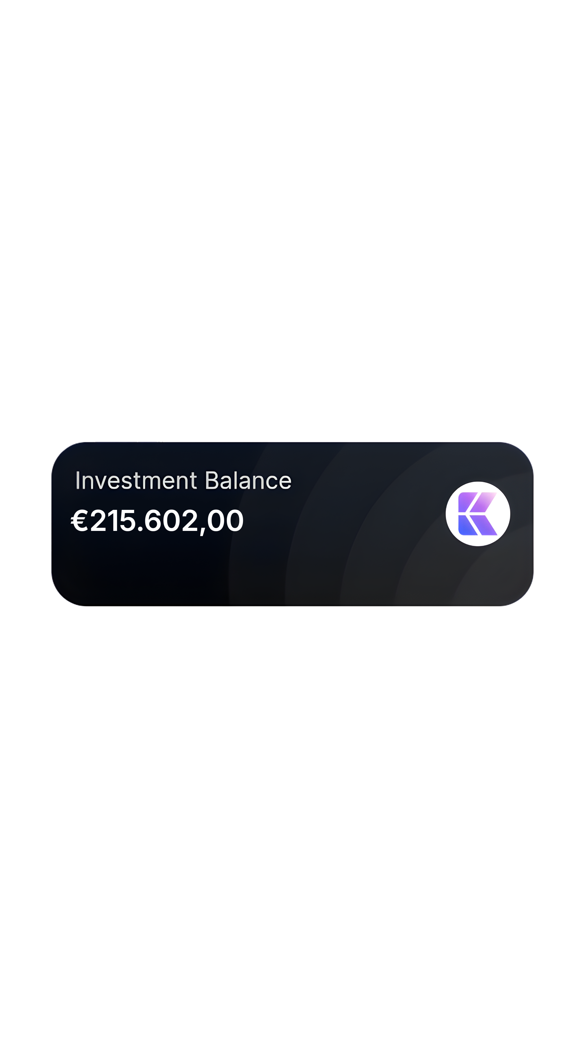 Investment balance display showing €215,602.00 with a purple and blue logo on the right.