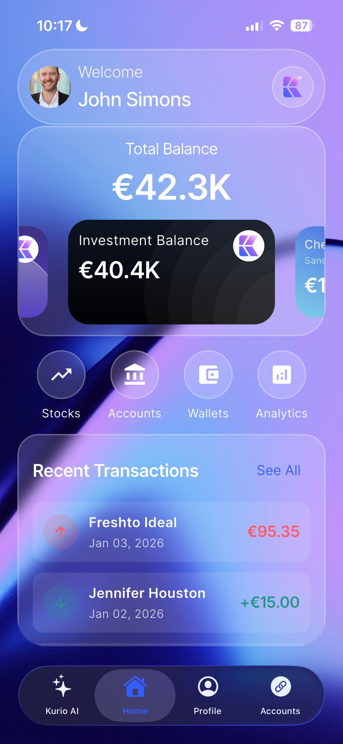 Mobile app screen showing welcome message to John Simons, total balance €42.3K, investment balance €40.4K, navigation icons for Stocks, Accounts, Wallets, Analytics, and recent transactions with €95.35 debit to Freshto Ideal and €15.00 credit from Jennifer Houston.