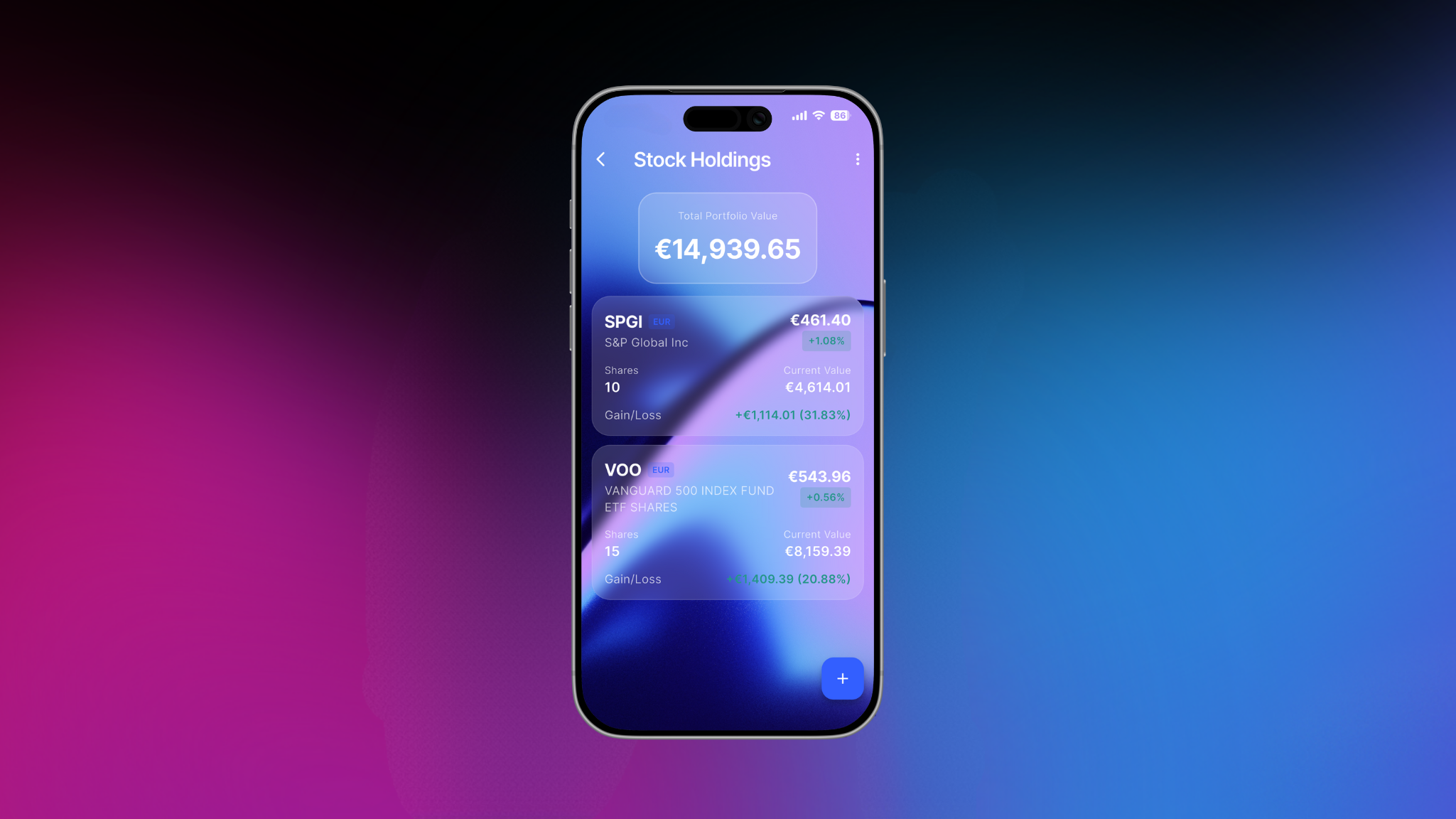Smartphone screen displaying a stock holdings app with total portfolio value of €14,939.65 and details for SPGI and VOO stocks showing share amounts, current values, and gain percentages.