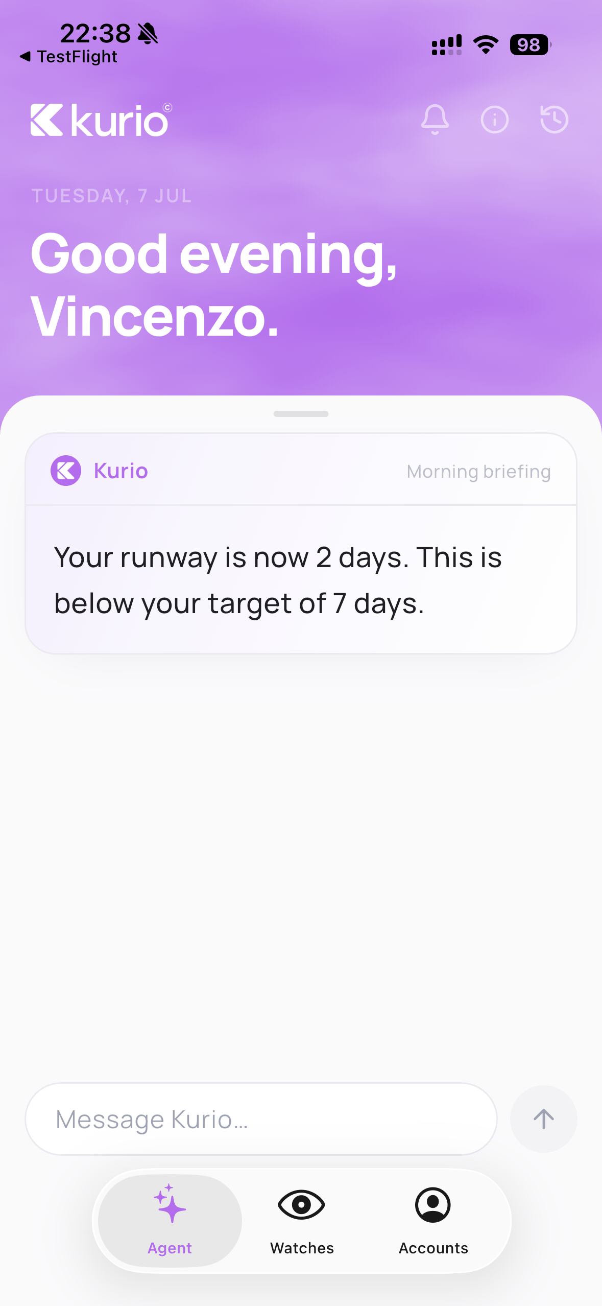 Kurio app — the agent's morning briefing