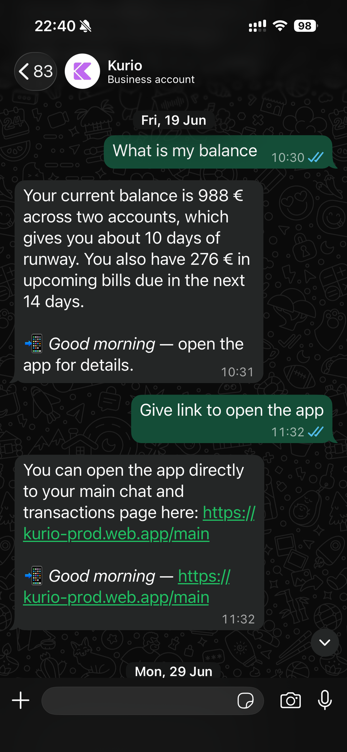 Kurio on WhatsApp — balance question answered