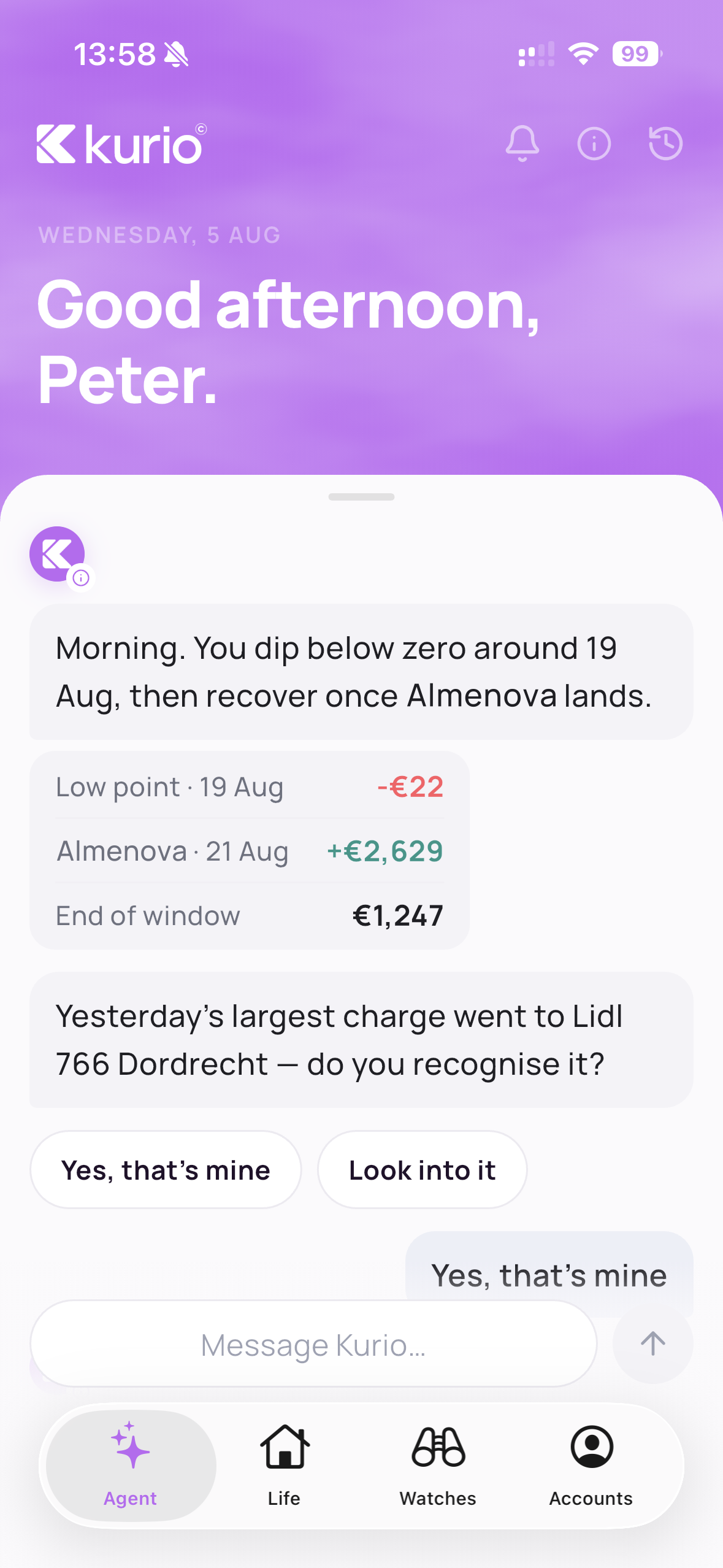 Kurio app — the agent's morning briefing