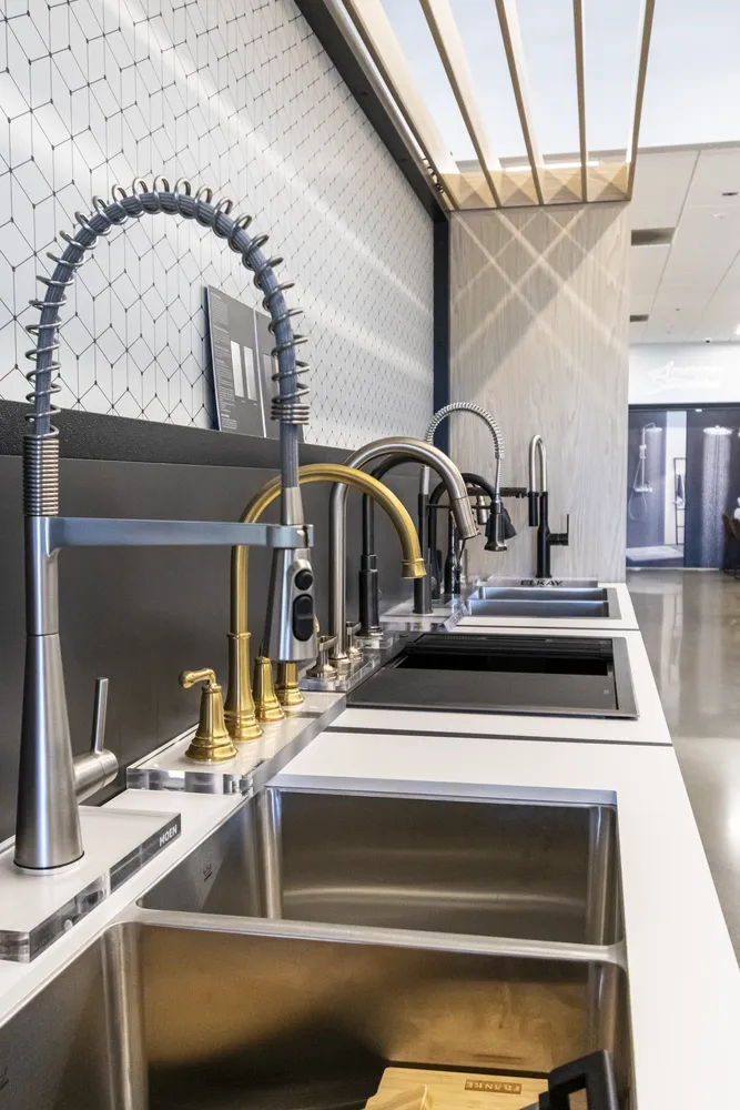 Close-up of luxury kitchen-style faucet display in Billings showroom