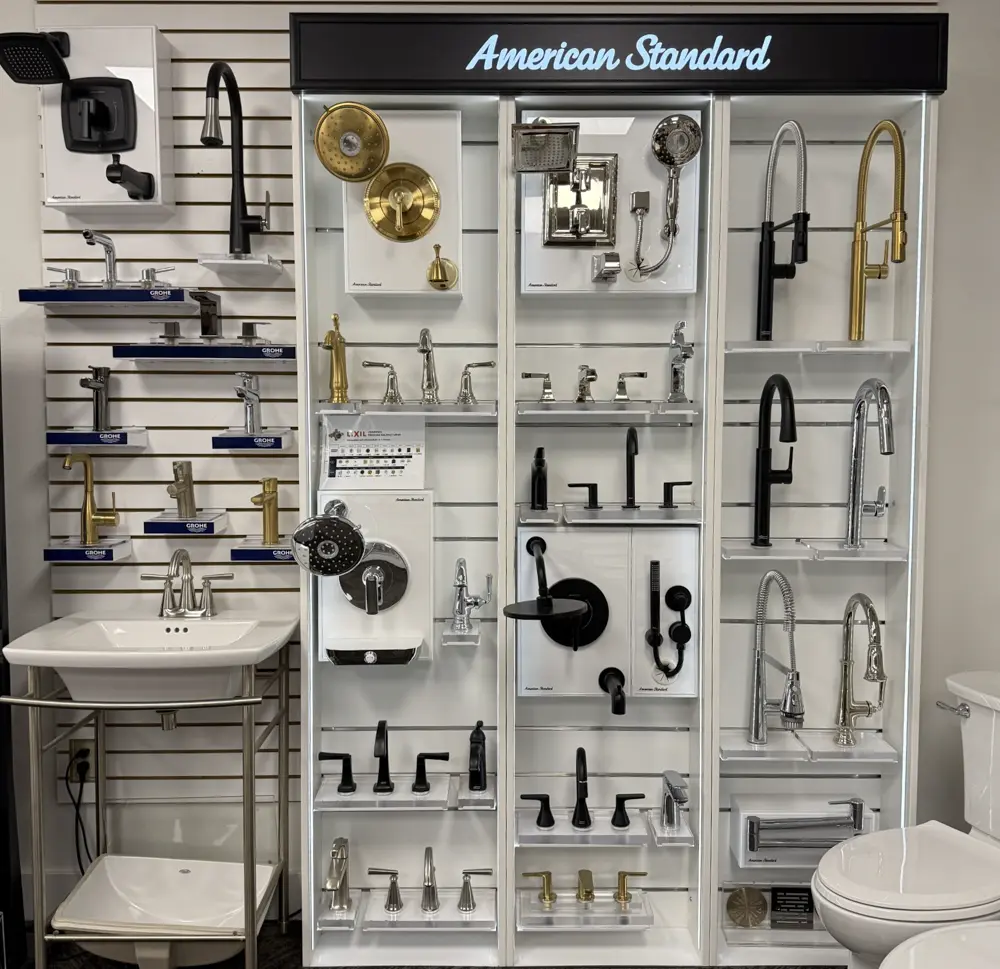 Bathroom hardware and accessory selection wall in Kalispell showroom