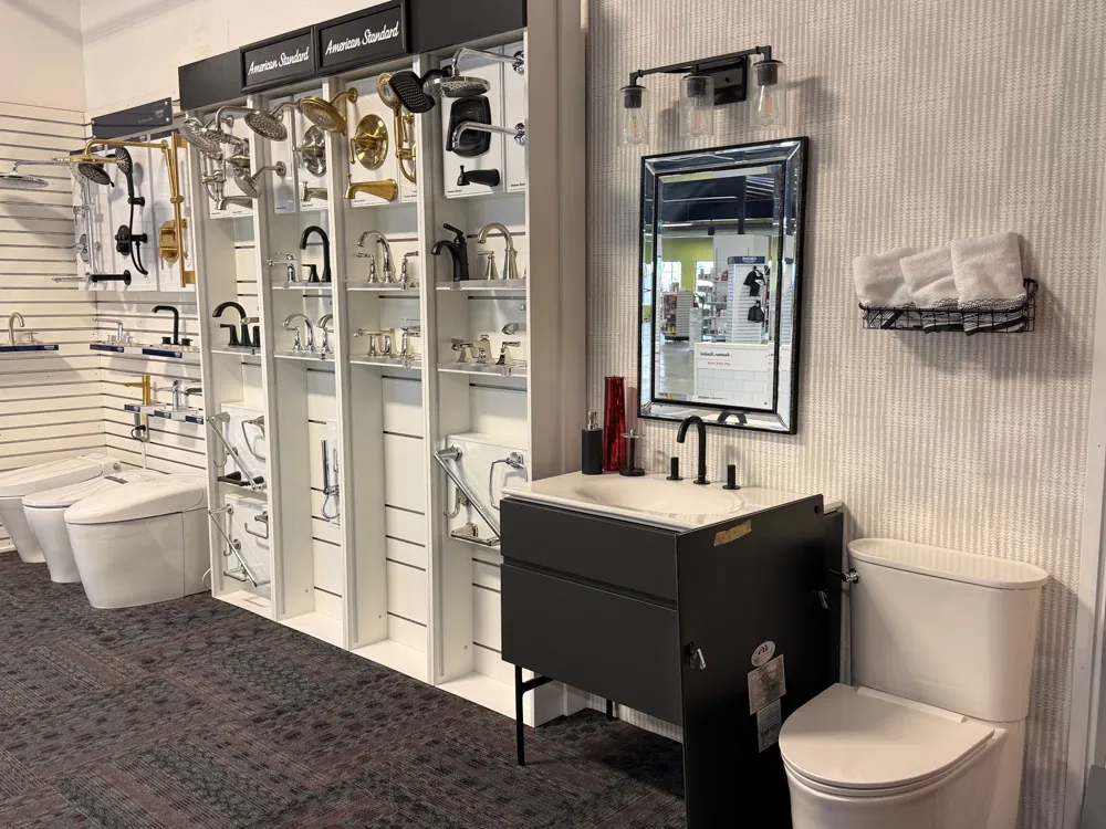 Bathroom fixture and accessory wall display in Missoula showroom