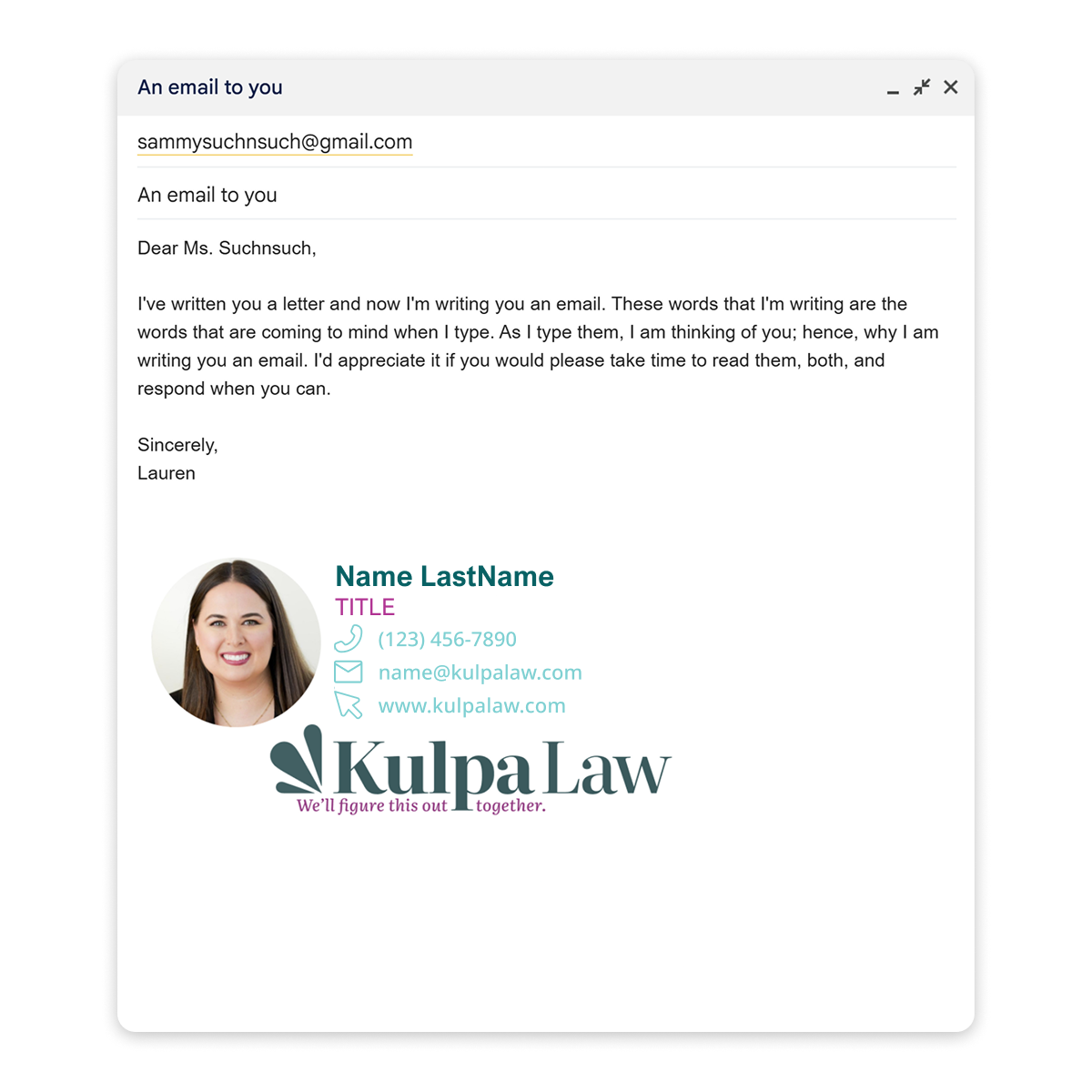 Mockup of Kulpa Law Email Signature for client showing use of color palette and typography